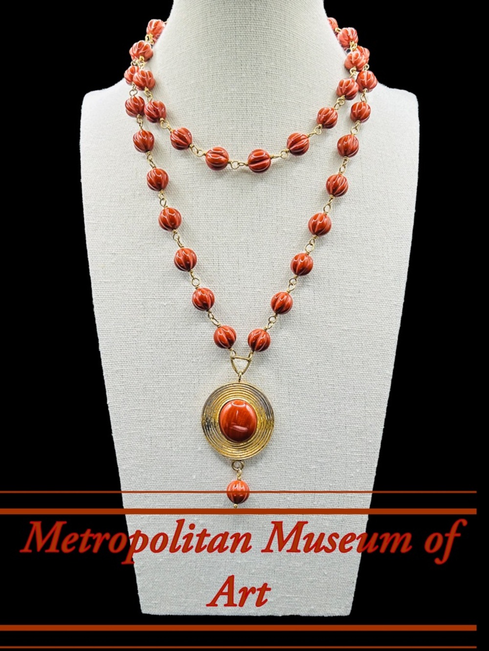 Vintage 1992 MMA WAG Sterling Silver Vermeil Red Jasper Melon Bead Necklace